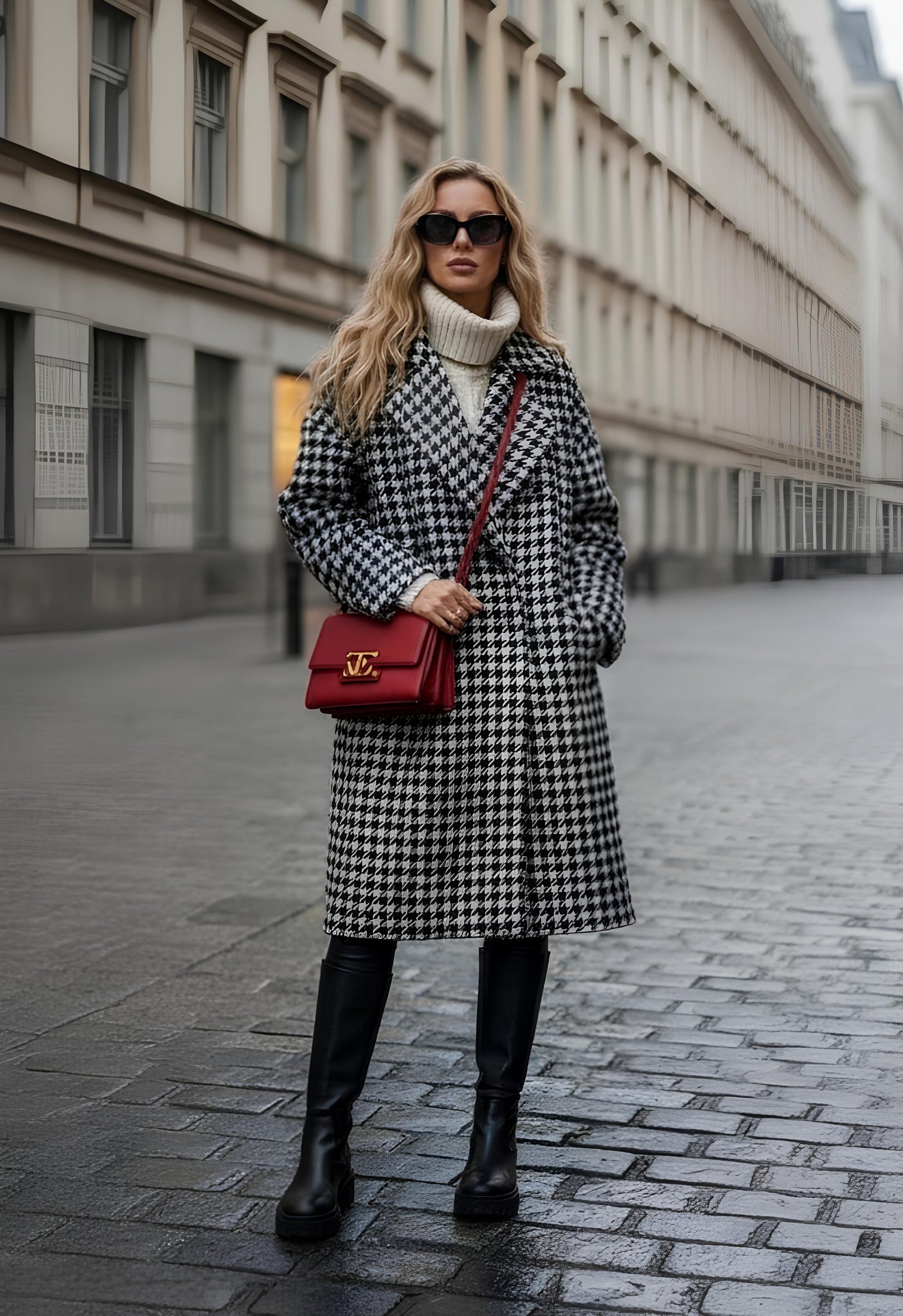 Mid-Length Wool Coat – Slim Winter Plaid Jacket