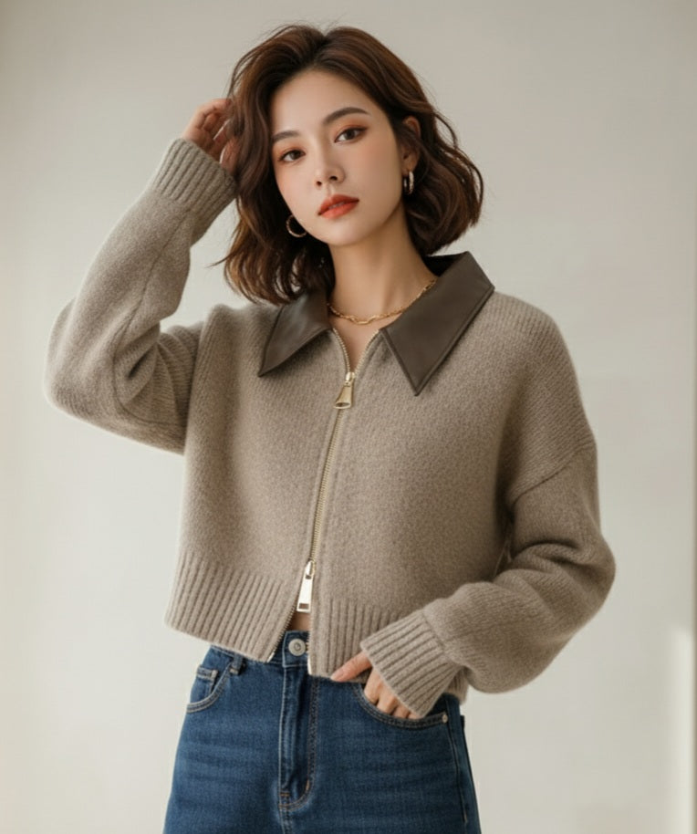 Patchwork Zipper Cropped Bomber Cardigan