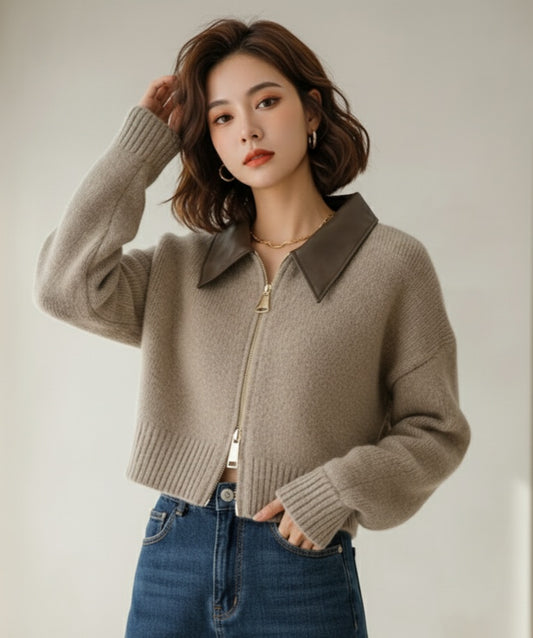 Patchwork Zipper Cropped Bomber Cardigan