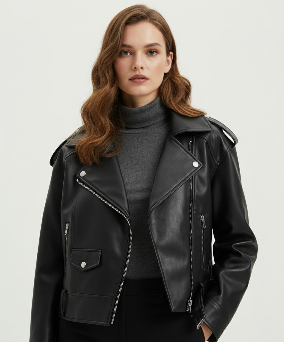 Faux Leather Biker Jacket – Chic Zip-Up Coat