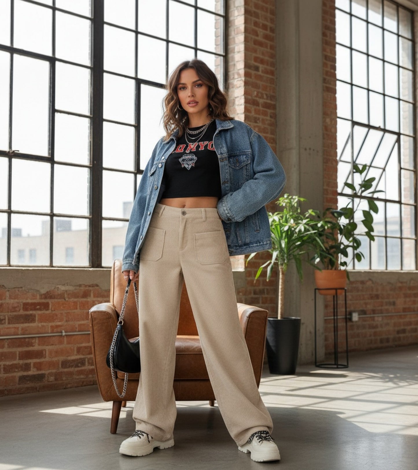 High-Waist Wide-Leg Corduroy Pants