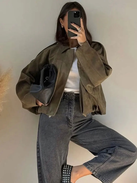 Women’s Brown Green Suede Bomber Jacket