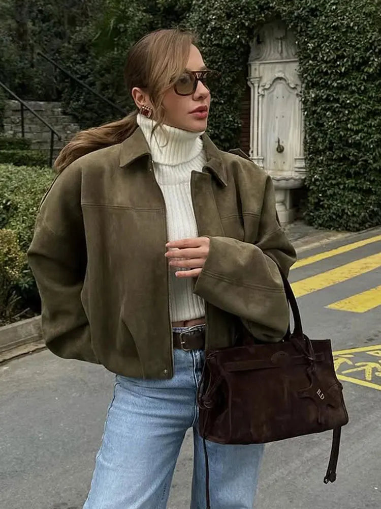 Women’s Brown Green Suede Bomber Jacket