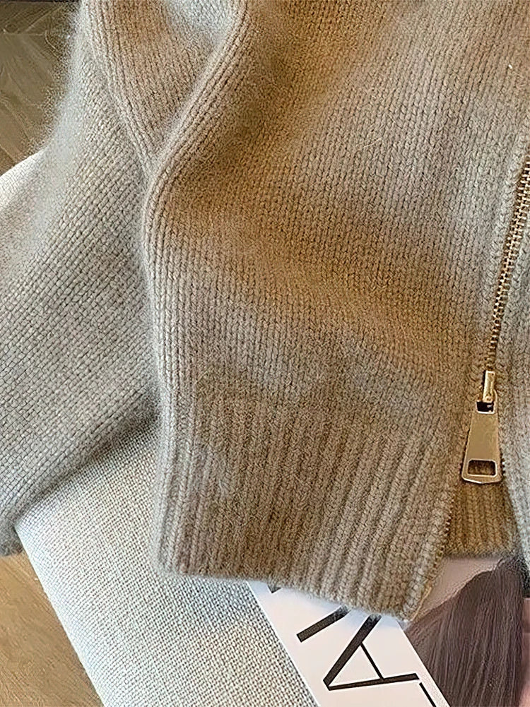 Patchwork Zipper Cropped Bomber Cardigan