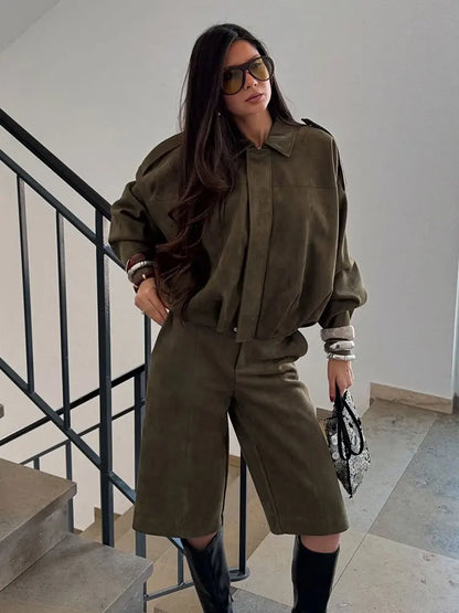 Women’s Brown Green Suede Bomber Jacket