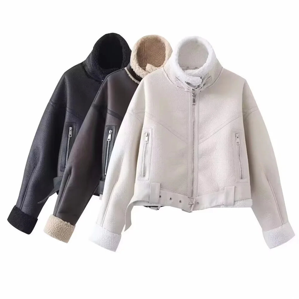 Faux Lamb Fur Motorcycle Jacket – Warm Winter Short Coat