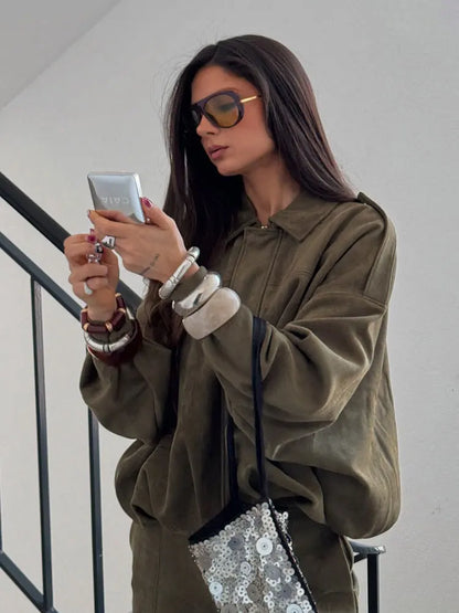 Women’s Brown Green Suede Bomber Jacket