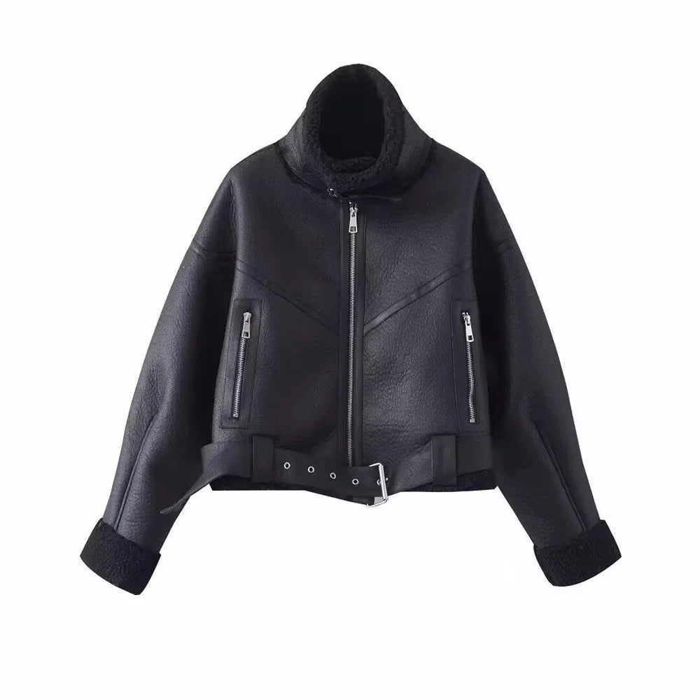 Faux Lamb Fur Motorcycle Jacket – Warm Winter Short Coat