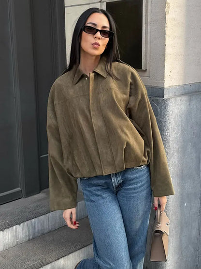 Women’s Brown Green Suede Bomber Jacket
