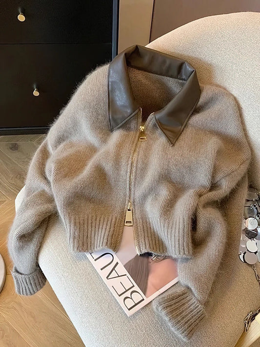 Patchwork Zipper Cropped Bomber Cardigan