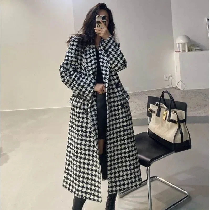 Mid-Length Wool Coat – Slim Winter Plaid Jacket