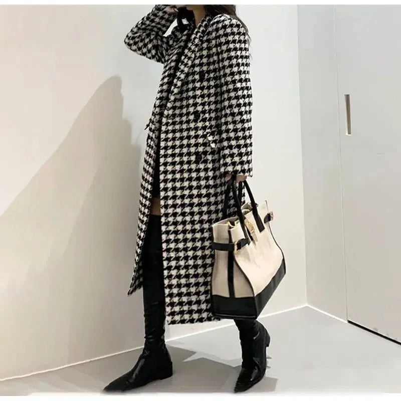 Mid-Length Wool Coat – Slim Winter Plaid Jacket