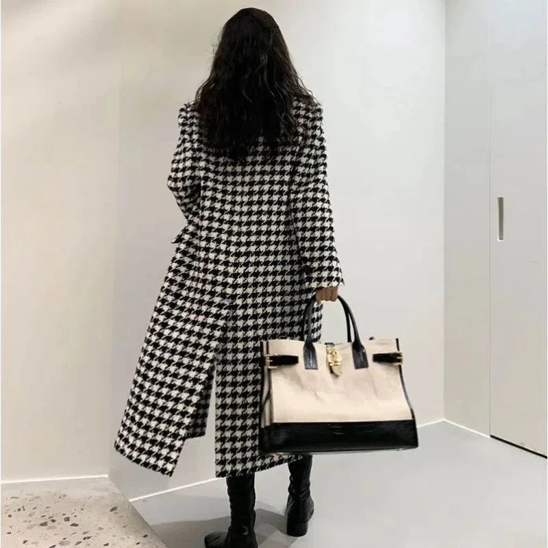 Mid-Length Wool Coat – Slim Winter Plaid Jacket