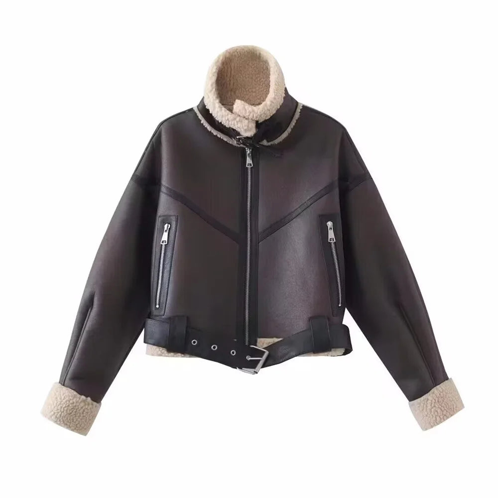 Faux Lamb Fur Motorcycle Jacket – Warm Winter Short Coat